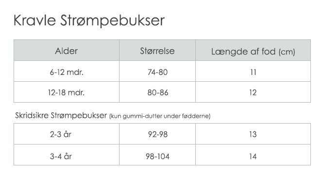 Størrelsesguide Strømper, Leggings, Vanter |