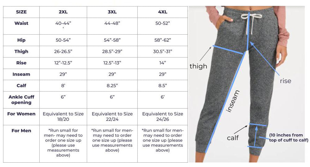 Plus Size Pajama Pants Size Chart by Pittie Clothing Co.