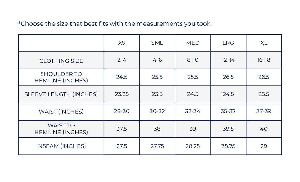 Women's Pajamas Size Chart by Pittie Clothing Co.