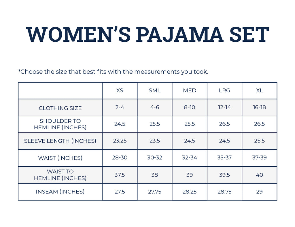 Women's Pajamas Size Chart - Pittie Clothing Co.