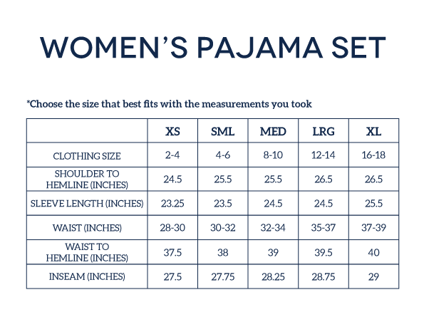 Women's Pajamas Size Chart - Pittie Clothing Co.