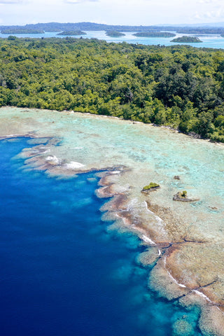 Drone photo of the blue coral drop-offs in Munda