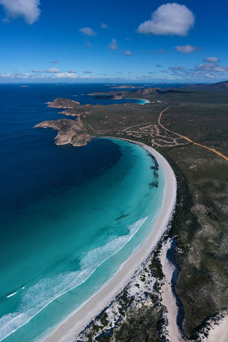 Drone shot from above Lucky Bay, including the campsite