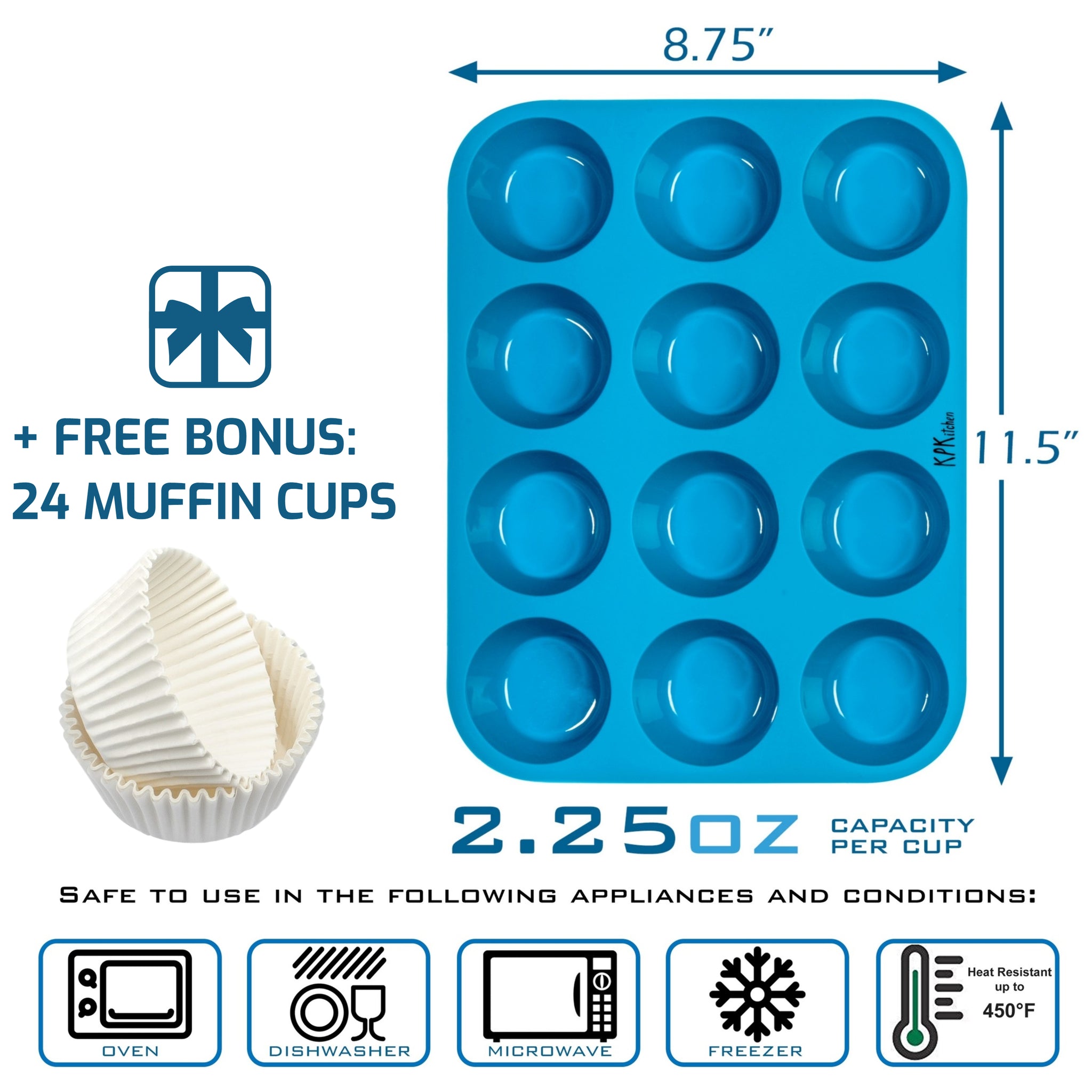 KPKitchen 24 Cup Silicone Muffin & Cupcake Baking Pan - Non Stick, BPA Free, 100% Silicone & Dishwasher Safe Mini Silicon Bakeware Tin - Blue