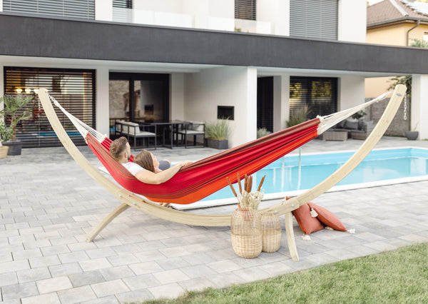 Olymp hammock stand and Paradiso Terracotta Hammock poolside