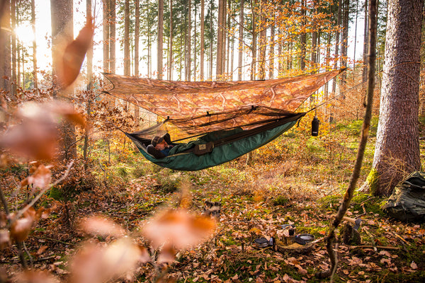 Ultralight hammock, tarp, and underquilt set up in an autumn woodland setting.
