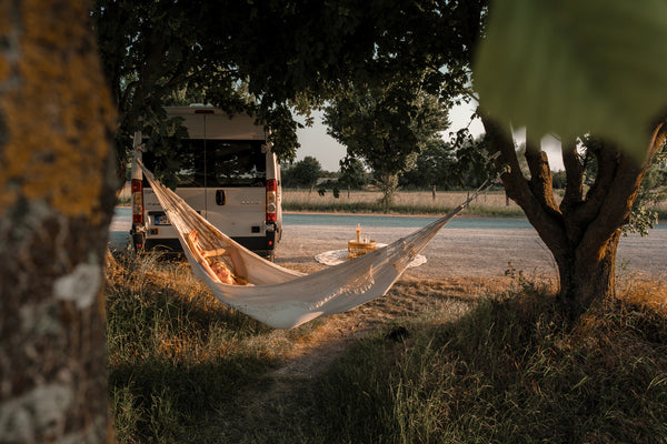 Rio Boho Hammock hung between two trees using two Smart-ropes