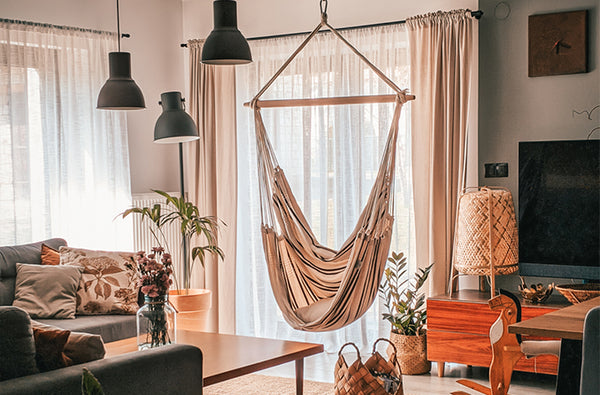 A hanging chair indoors