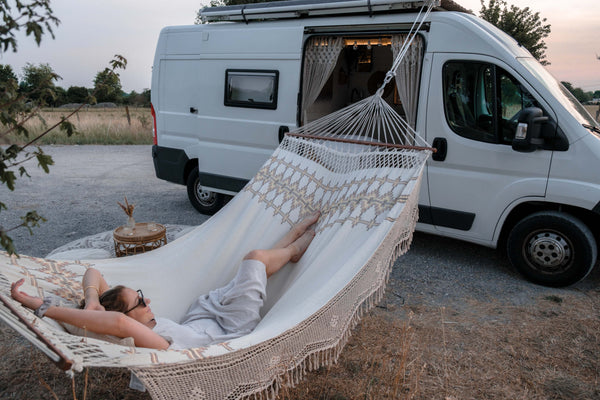 Woven Hammock Hanging from Camper Van