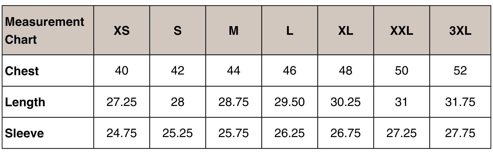 Puffer Jacket Sizing Chart