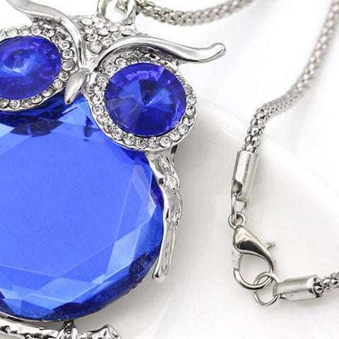 Birthstone Blue Swarovski Crystal Vintage Owl Pendant Long Chain Necklace Charm for Women