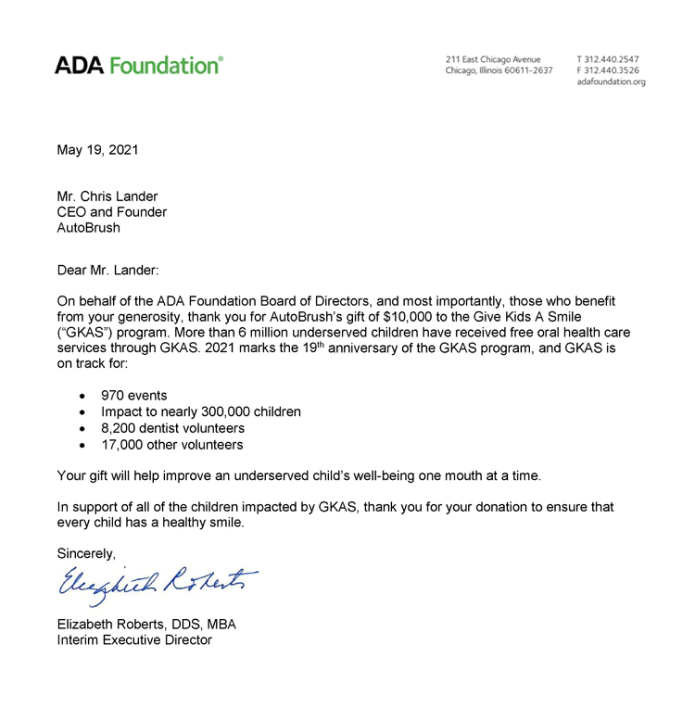 donation thank you letter from the ADA foundation to AutoBrush