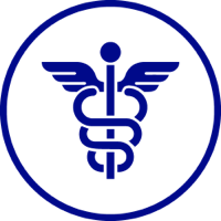 Blue caduceus symbol inside a circle.