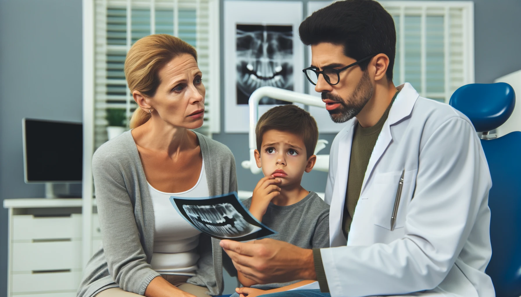 A dentist explaining an X-ray to a concerned mother and child in a dental clinic.