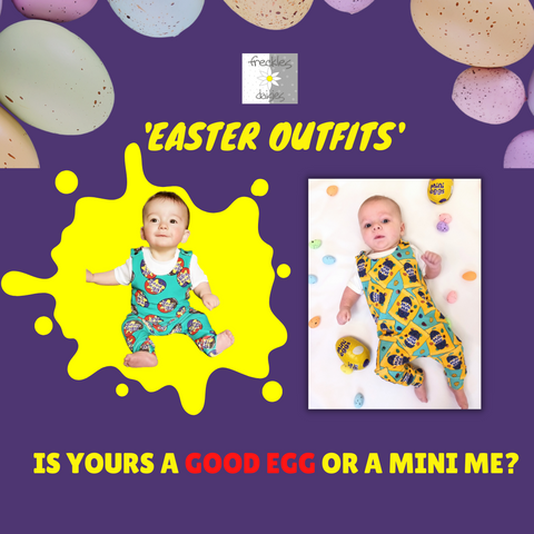 freckles and daisies easter outfits in Good Egg  Romper and mini me. Baby easter outfits for baby girls or baby boys. Perfect fitting around nappies. Super comfy and vibrant colors.