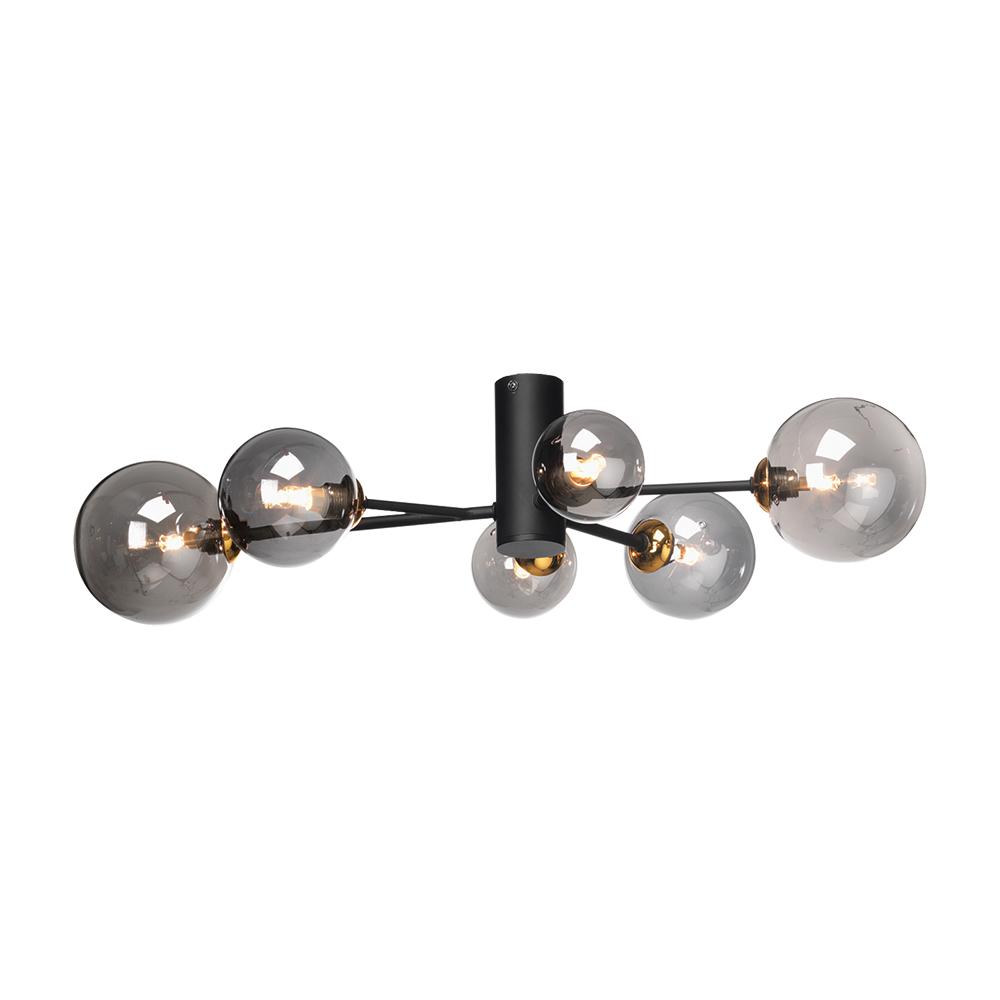 Fitzroy 6 Light Black Gold Ceiling Light With Smoked Globes 9441