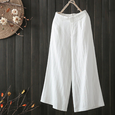 Women's solid color casual simple cotton and linen cropped wide-leg pants MALSOOA