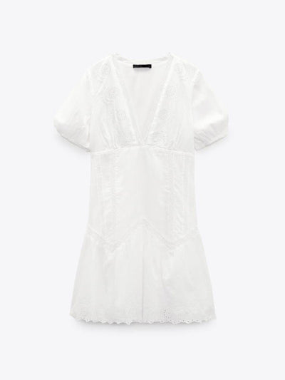New women's French niche fluffy sleeves V-neck waist cut-out embroidery dress MALSOOA