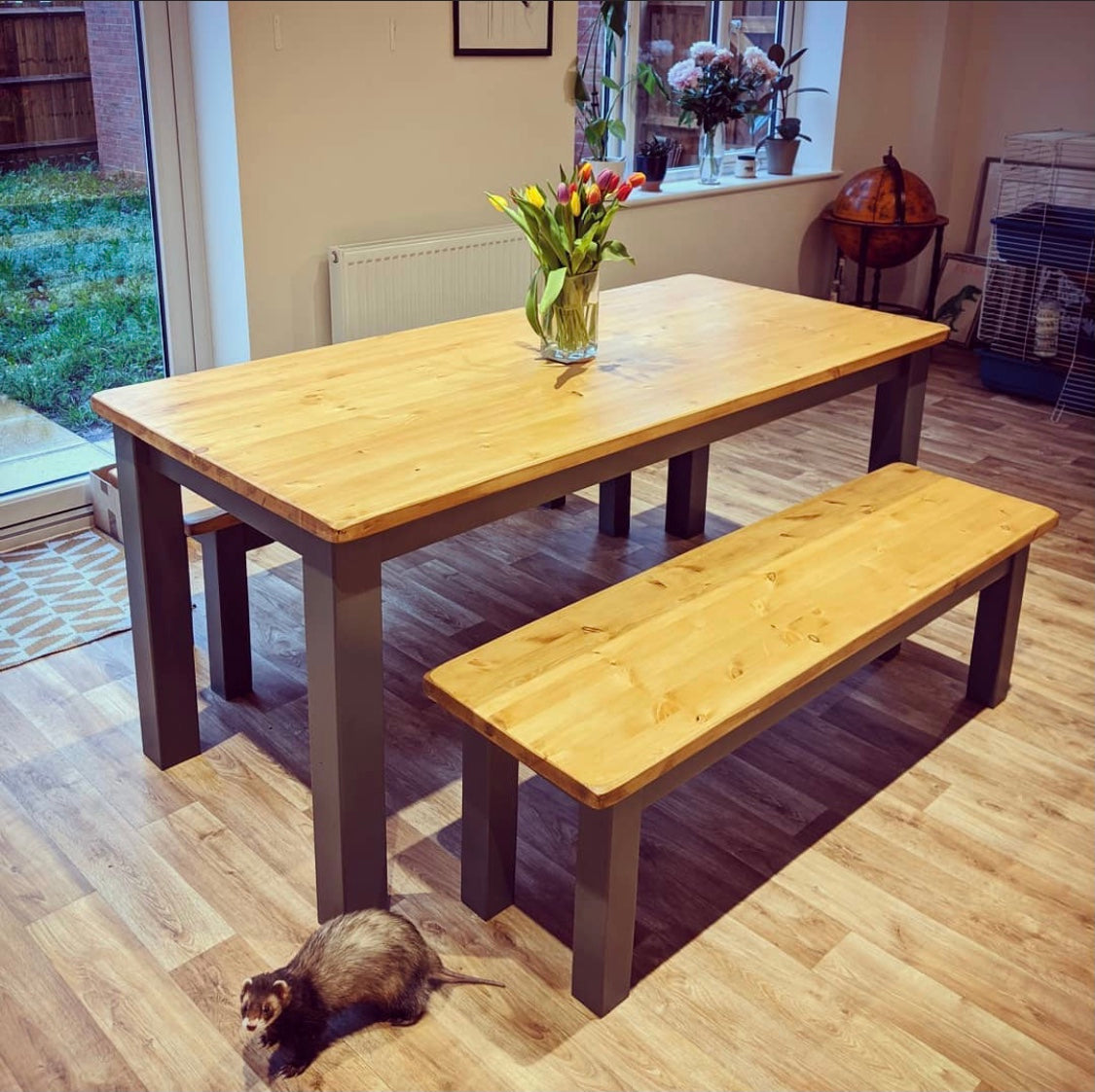 farmhouse dining table with 2 benches