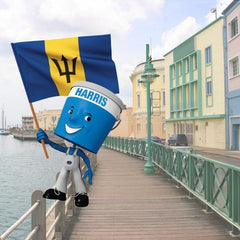 scenic image of Barbados board walk with Harris Paints little blue man holding Barbados flag