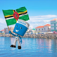 scenic image of Dominica shoreline with Harris Paints little blue man holding Dominica flag