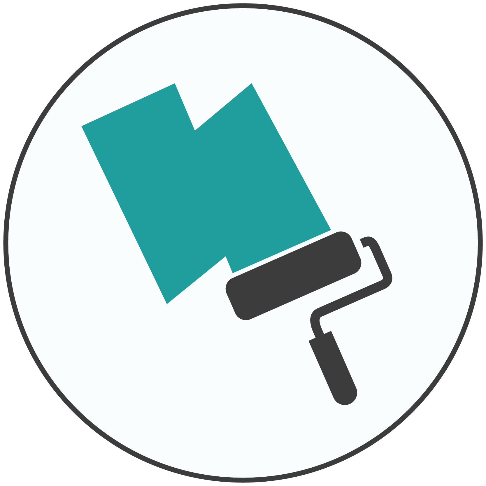 Teal and gray icon of a paint roller and primer