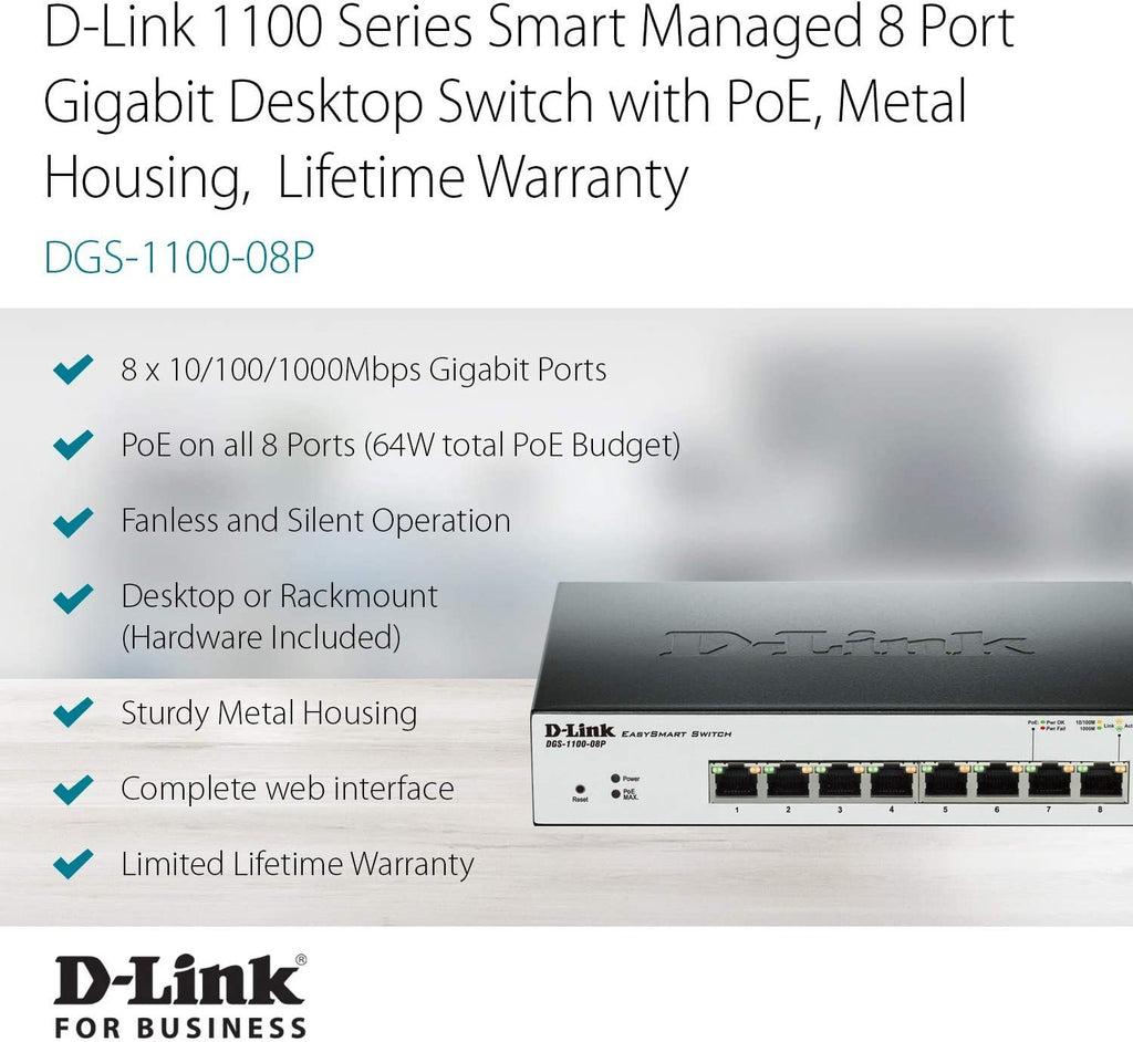 D-Link EasySmart 8 Port Gigabit Desktop Switch with PoE (DGS-1100-08P)