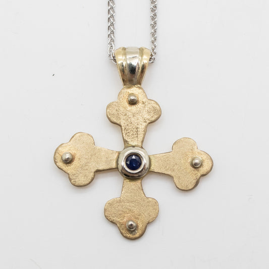 18K Gold Cross with Sapphire - GREEK ROOTS Byzantine Cross Jewelry