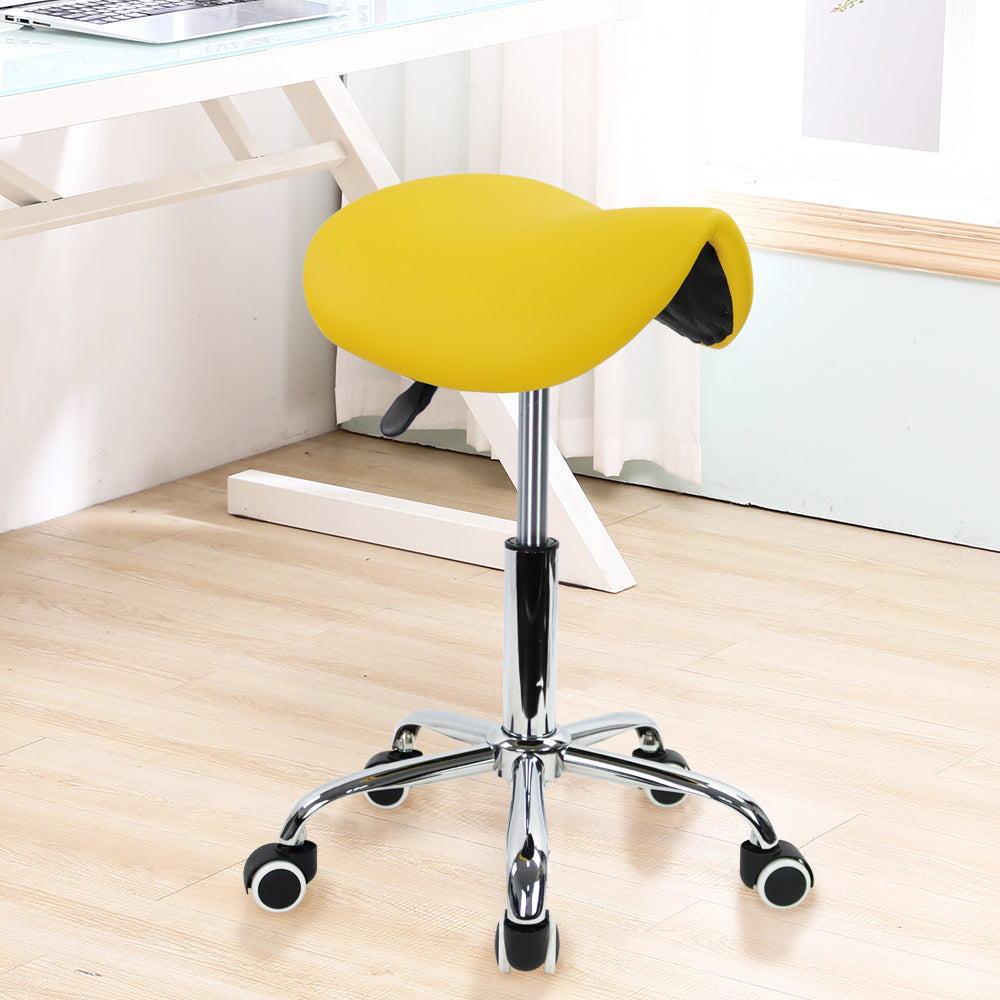 KKTONER  PU Leather Saddle Stool Height Adjustable Swivel Rolling Stool with Wheels Yellow