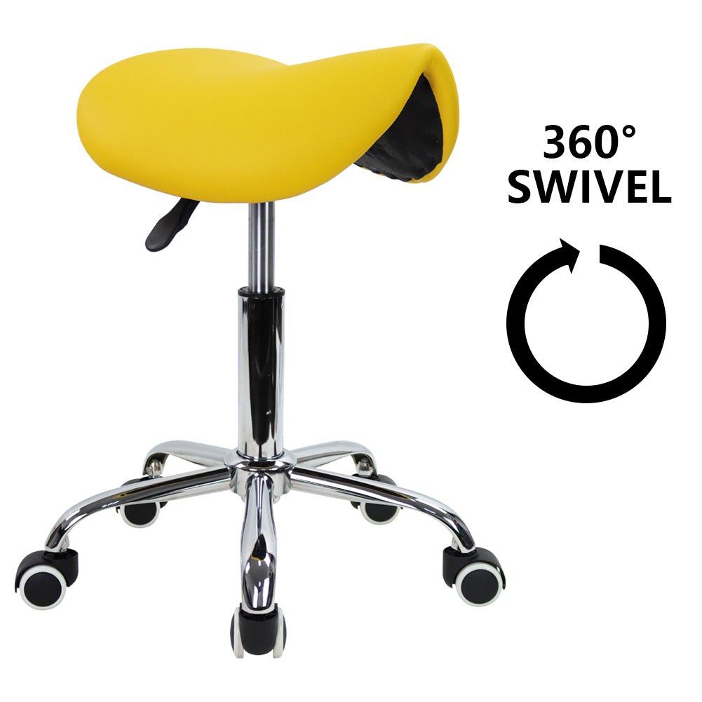 KKTONER  PU Leather Saddle Stool Height Adjustable Swivel Rolling Stool with Wheels Yellow