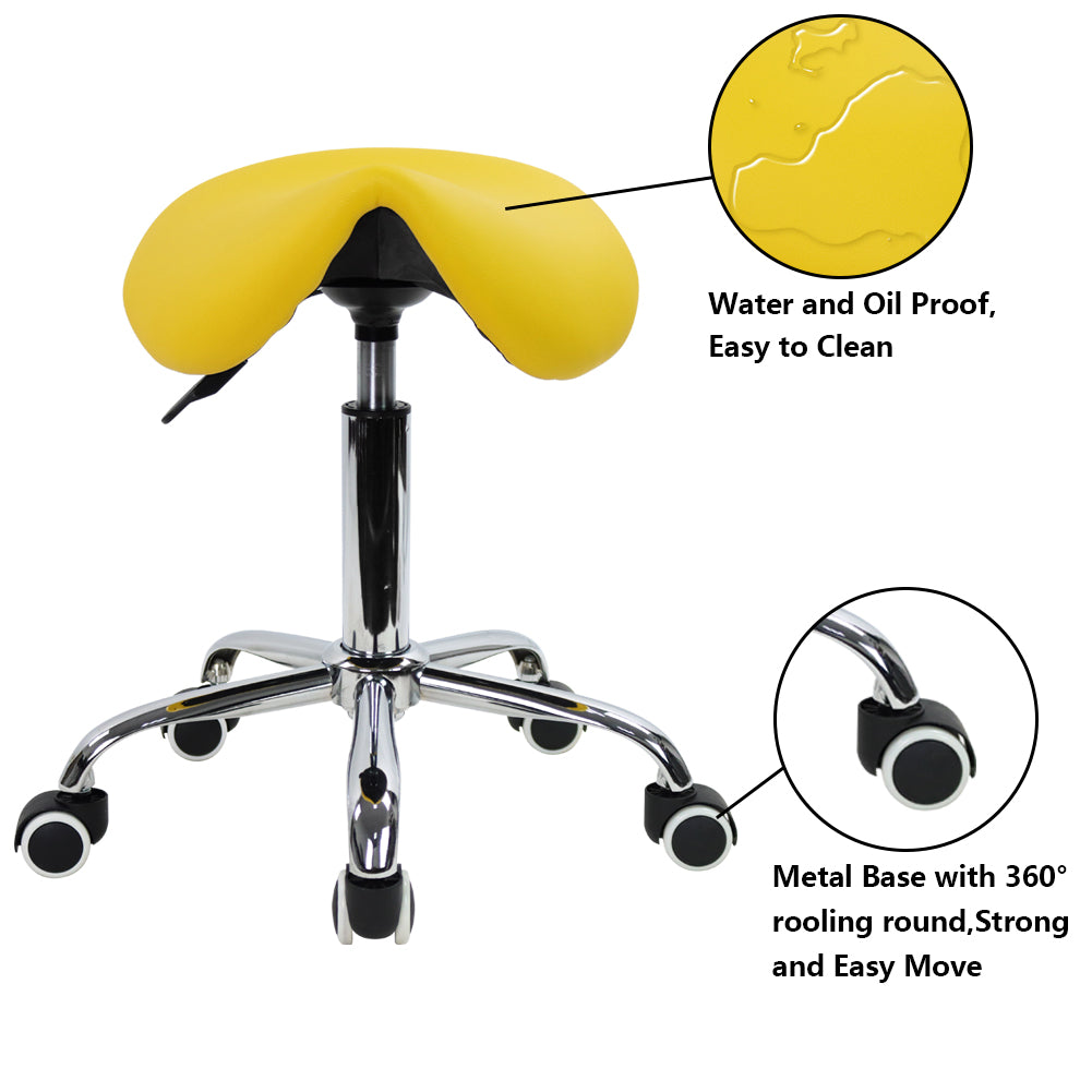 KKTONER  PU Leather Saddle Stool Height Adjustable Swivel Rolling Stool with Wheels Yellow