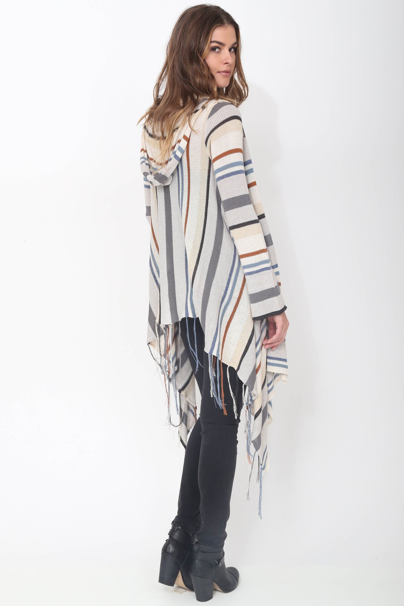 Linsey Hooded Wrap Sweater with Fringe in Tibetan Blue 'LAST ONE'