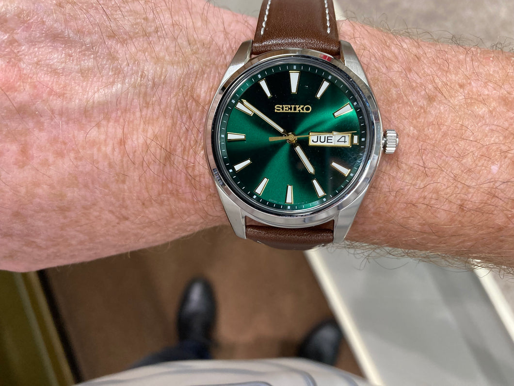 Seiko Watch Green Dial Leather Strap – DeGrandpre Jewelers