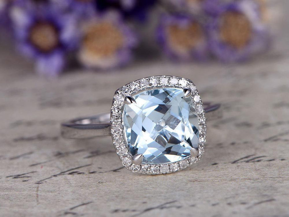 2.50 Carat Huge Cushion Cut Aquamarine and Diamond Halo Engagement Rin ...