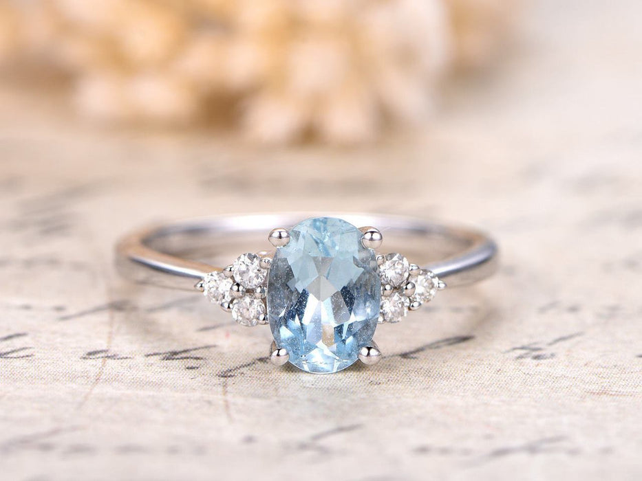 7 Stone 1.25 Carat Aquamarine and Diamond Engagement Ring in White Gol ...