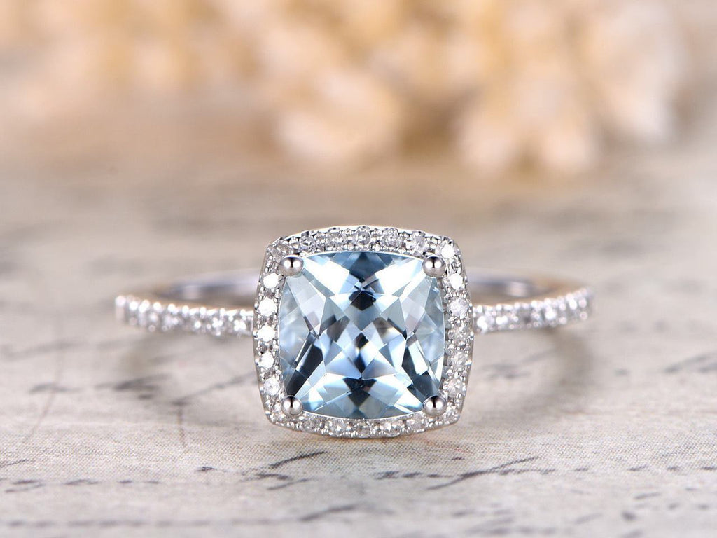 1.25 Carat Princess Cut Aquamarine and Diamond Halo Engagement Ring Wh ...