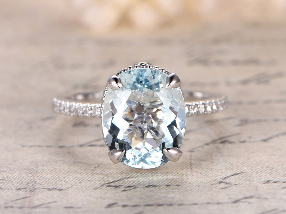 2 Carat Huge Oval Cut Aquamarine and Diamond antique Engagement Ring i ...