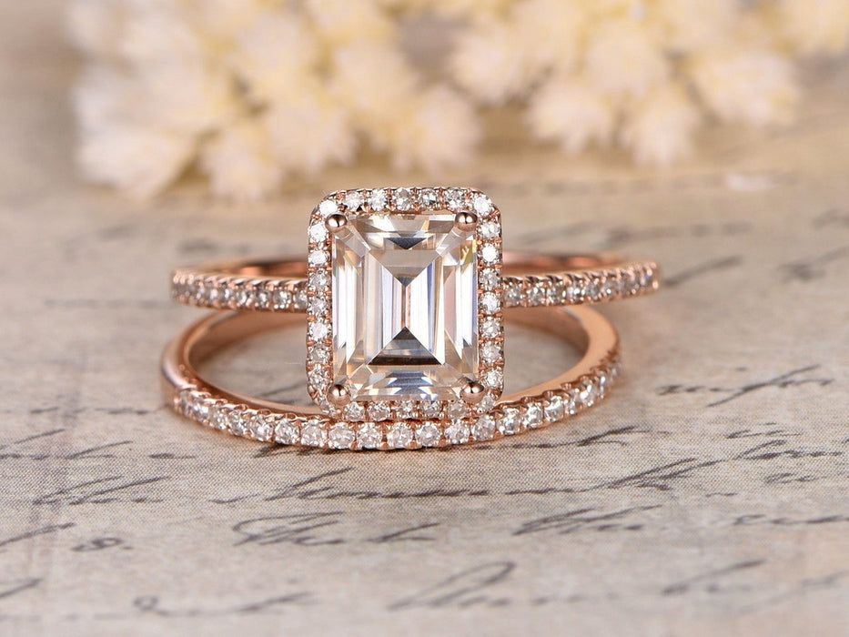 1.50 Carat Emerald Cut Moissanite and Diamond Halo Wedding Ring Set in ...