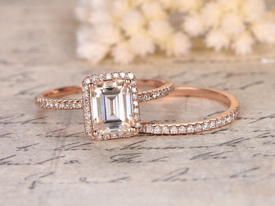 1.50 Carat Emerald Cut Moissanite and Diamond Halo Wedding