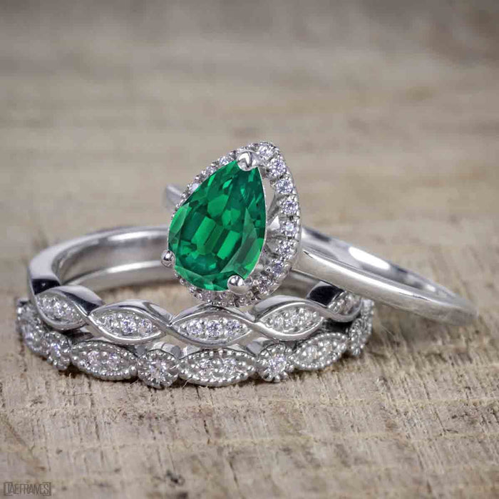 Bestselling 2.50 Carat Pear cut Emerald and Diamond Halo Trio Wedding Bridal Ring Set in White Gold