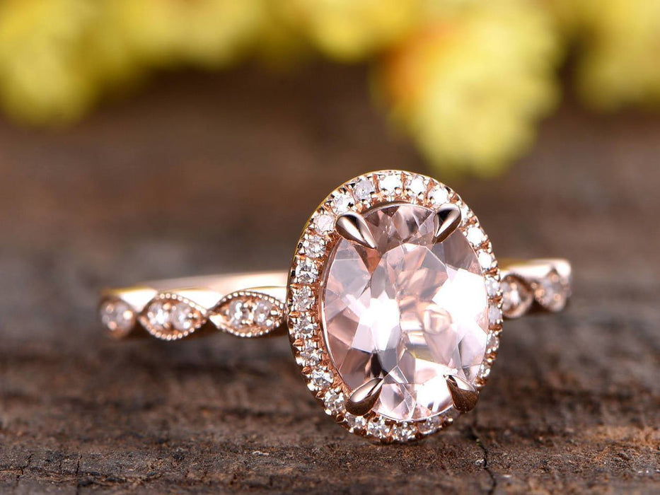 2 Carat Huge Oval Cut Morganite and Diamond Engagement Ring in Rose Go ...