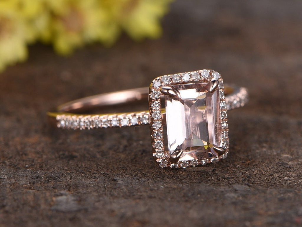 Halo 1.50 Carat Emerald Cut Morganite and Diamond Engagement Ring in R ...