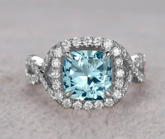 Superb 1.50 Carat Aquamarine and Diamond Halo Engagement Ring in White ...