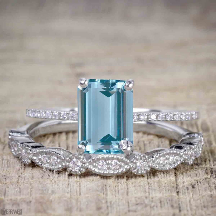 Art Deco 2 Carat Emerald Cut Aquamarine and Diamond Trio Wedding Brida ...