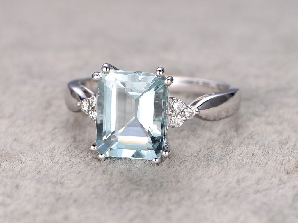 7 Stone 1.25 Carat Emerald Cut Aquamarine and Diamond Engagement Ring ...