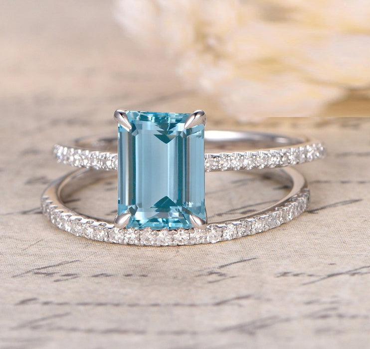 Bestselling 1.5 Carat Emerald Cut Aquamarine and Diamond Wedding Ring ...