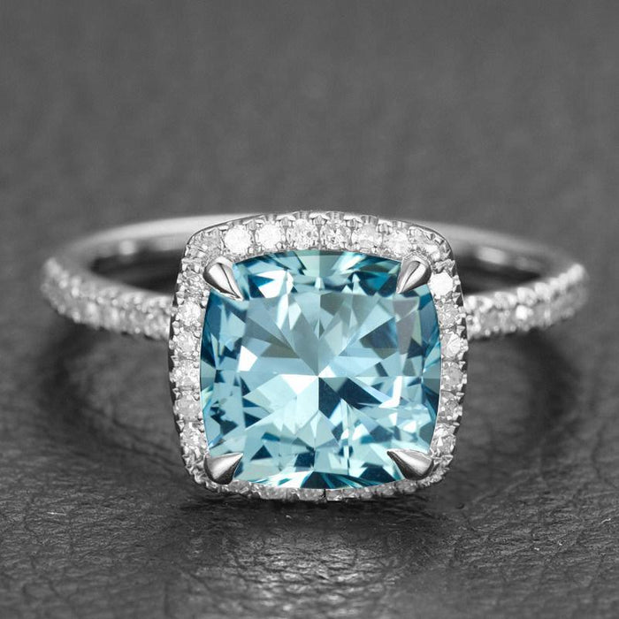 Perfect 1.50 Carat cushion cut Aquamarine and Diamond Engagement Ring ...