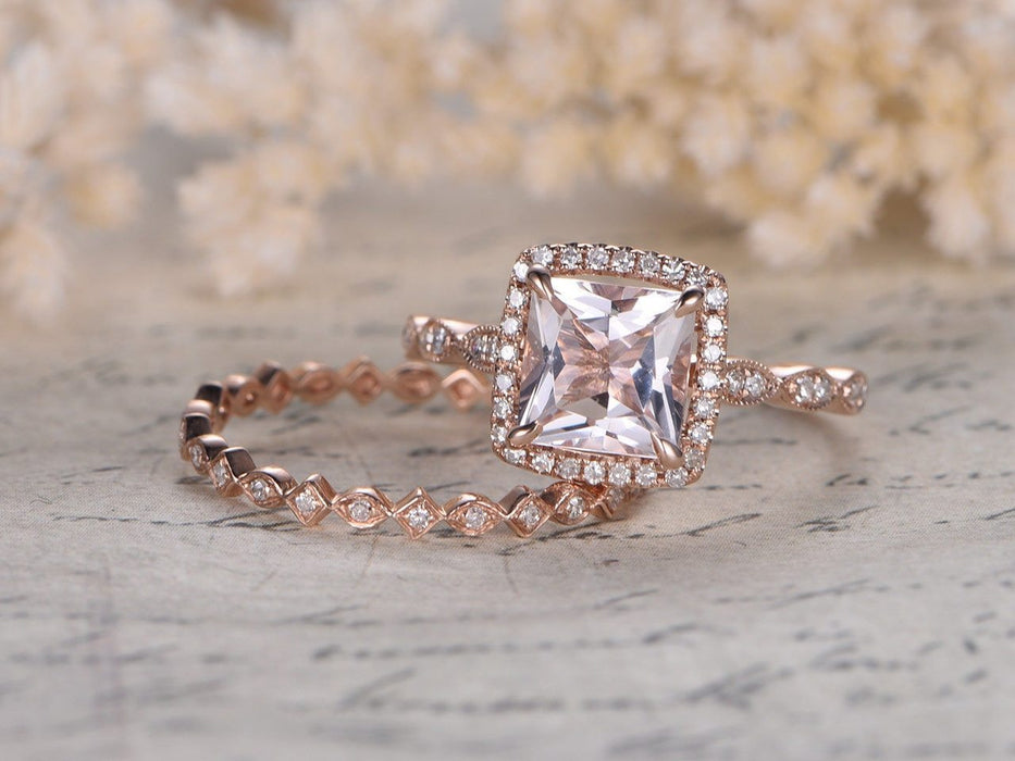 1.50 Carat Princess Cut Morganite and Diamond Wedding Ring Set in Art ...