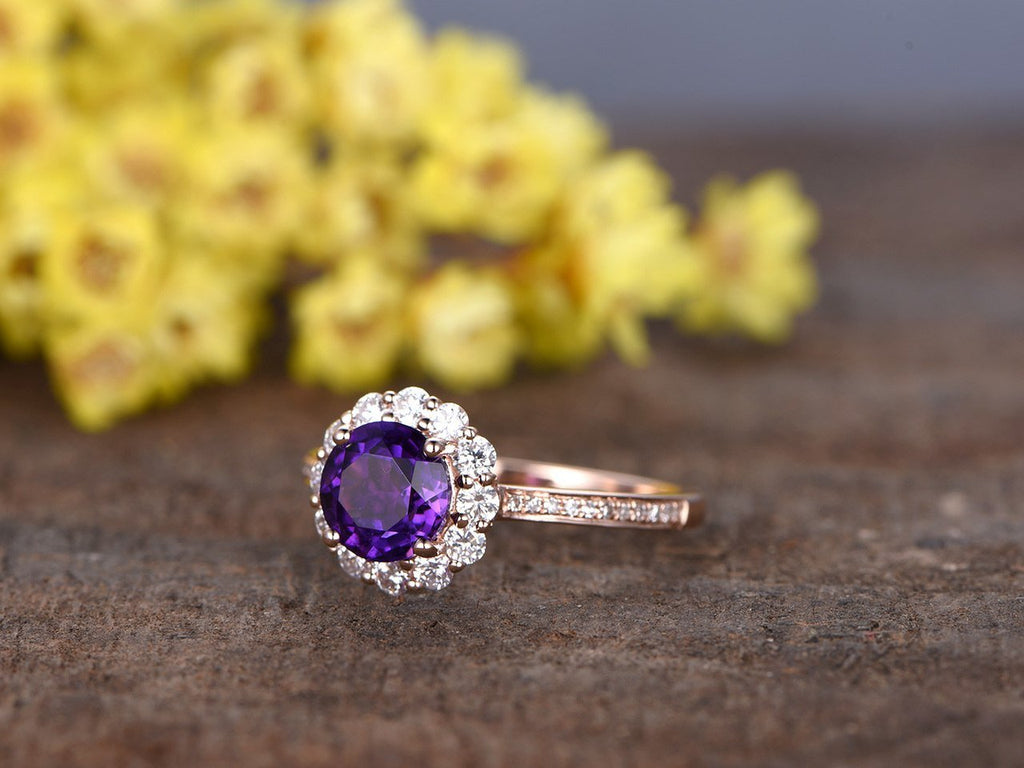 1.50 Carat Round Amethyst Diamond Halo Flower Engagement Ring in Rose ...