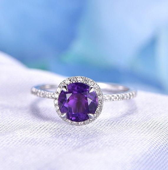 1.25 Carat Round Amethyst and Diamond Halo Engagement Ring in White Go ...
